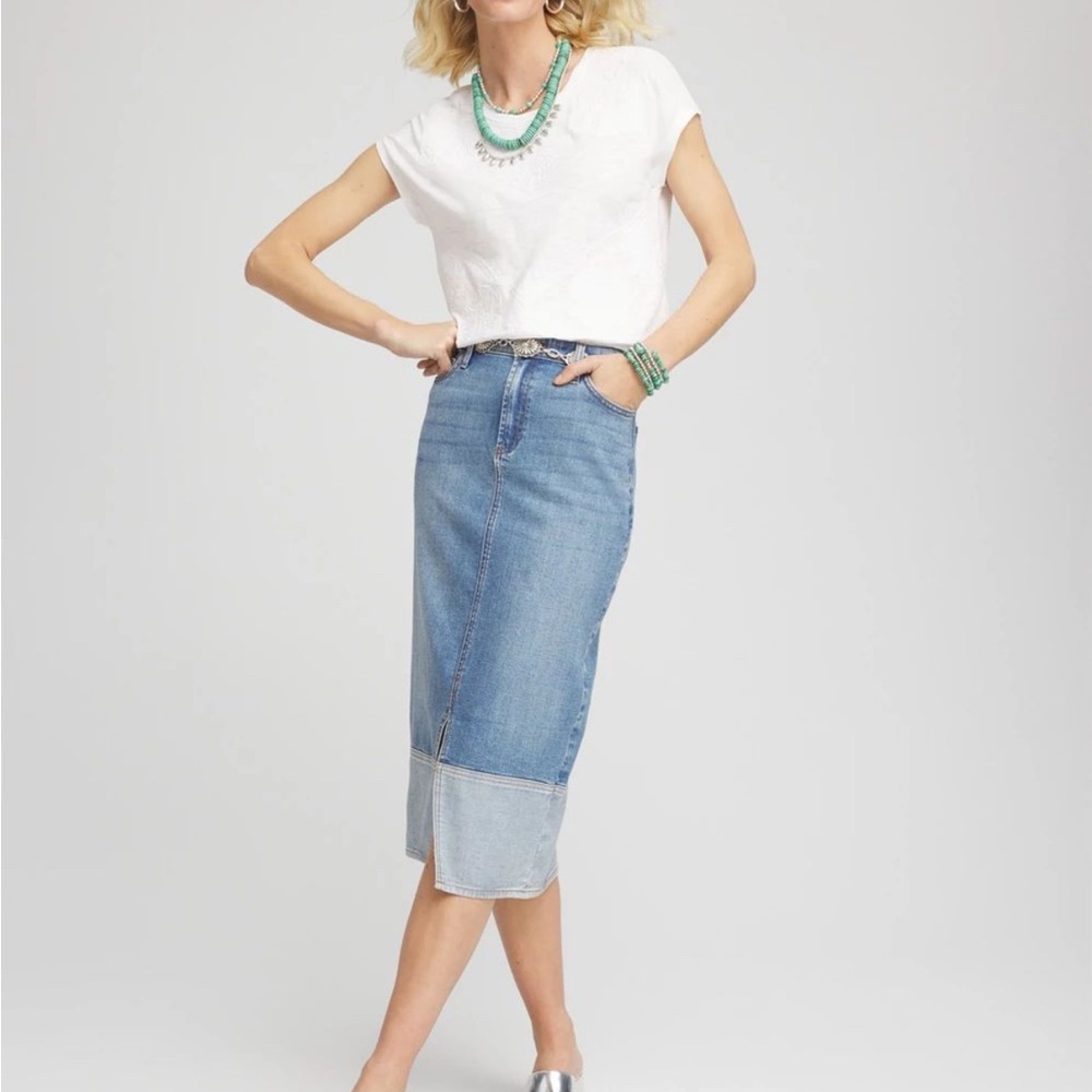 Chico's Blue Midi Pencil Skirt with Front Slit - Picture 2 of 4